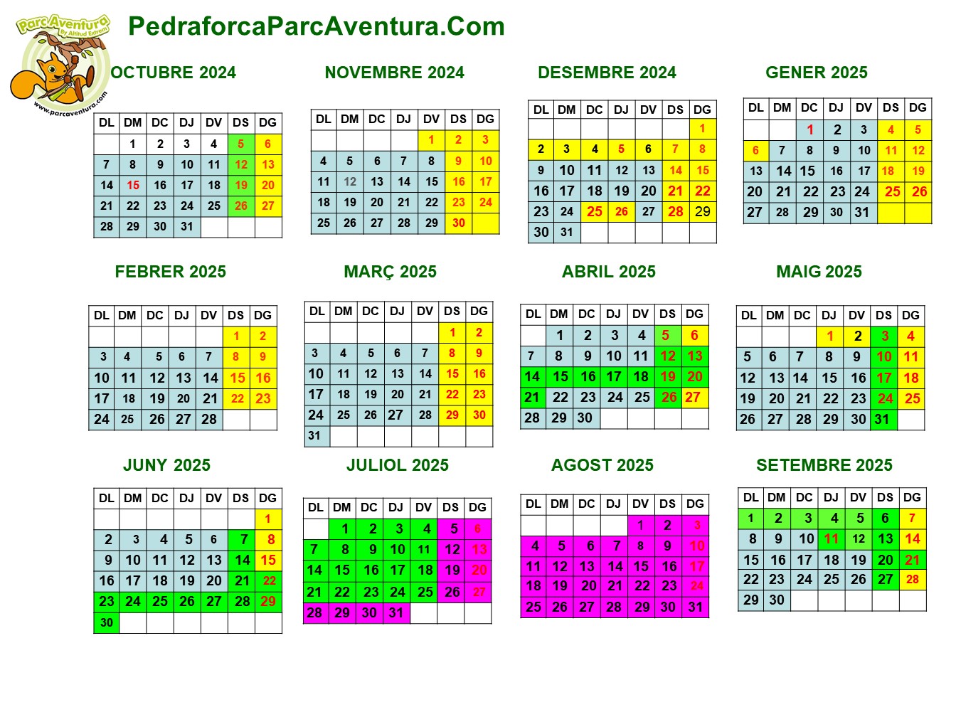 Horari Calendari Pedraforca Parc Aventura